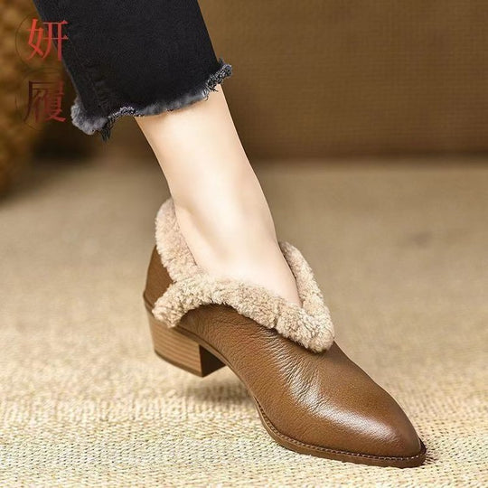 Damen Elegante Stiefeletten mit flauschigem Kragen und komfortablem Blockabsatz EB