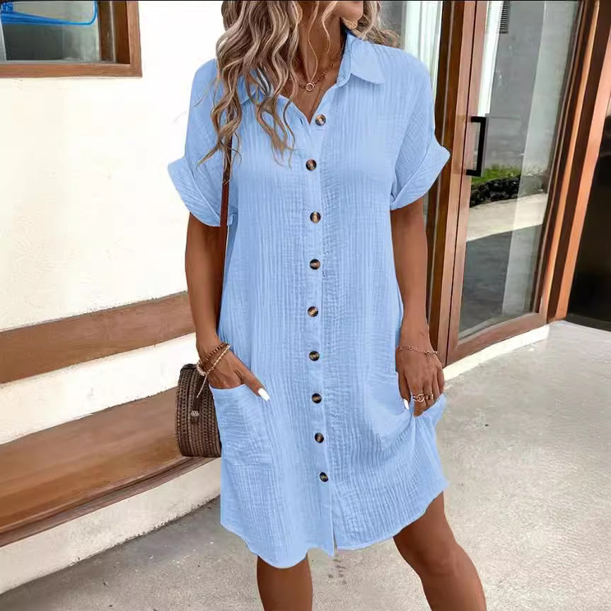 Damen Hemdblusenkleid aus leichtem Baumwollstoff mit praktischen Taschen und durchgehender Knopfleiste EB