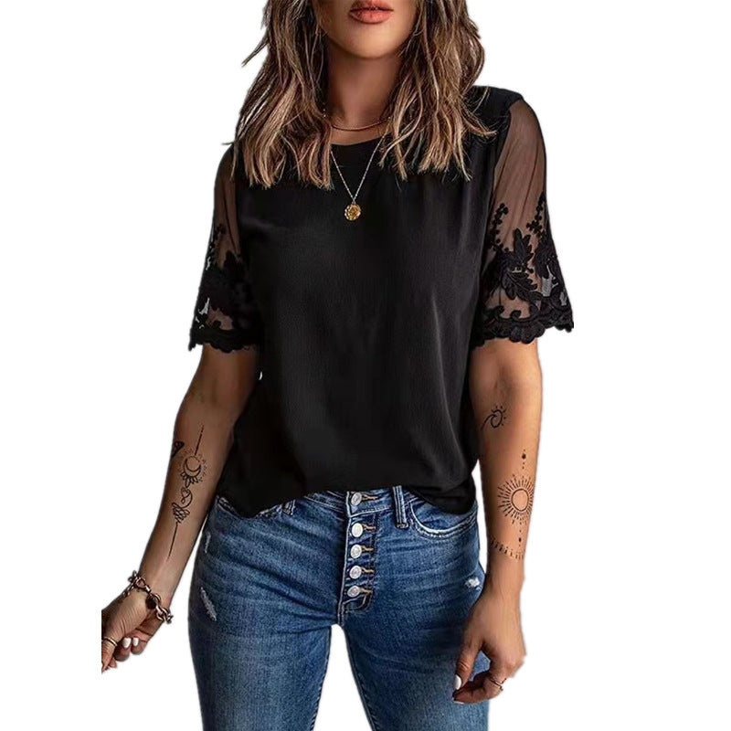 Damen Elegantes T-Shirt mit Spitze an den Ärmeln EB
