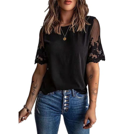 Damen Elegantes T-Shirt mit Spitze an den Ärmeln EB