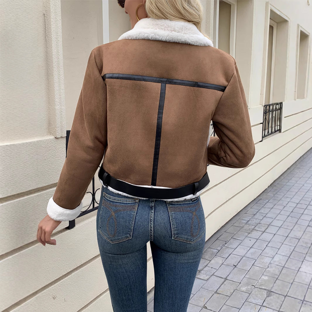 Damen Stylische Jacke mit Kunstfellbesatz und dekorativen Schnallen EB