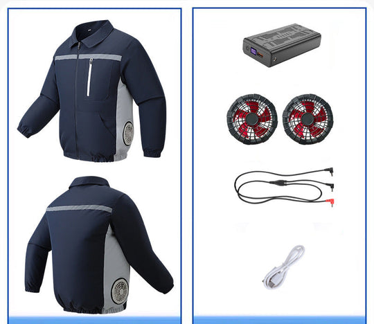 Unisex nan ventilated work cooling jacket with side vent inserts, removable battery compartment and reflective inserts EB