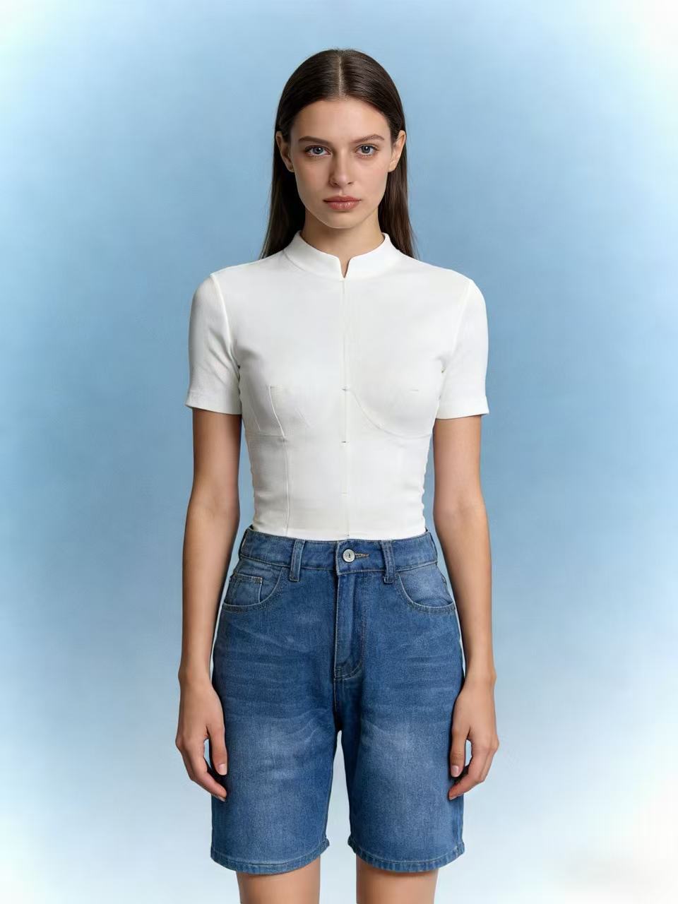 Damen figurbetontes Cropped Oberteil mit Stehkragen und kurzen Ärmeln EB