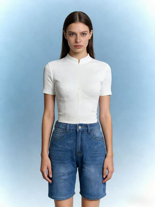 Damen figurbetontes Cropped Oberteil mit Stehkragen und kurzen Ärmeln EB