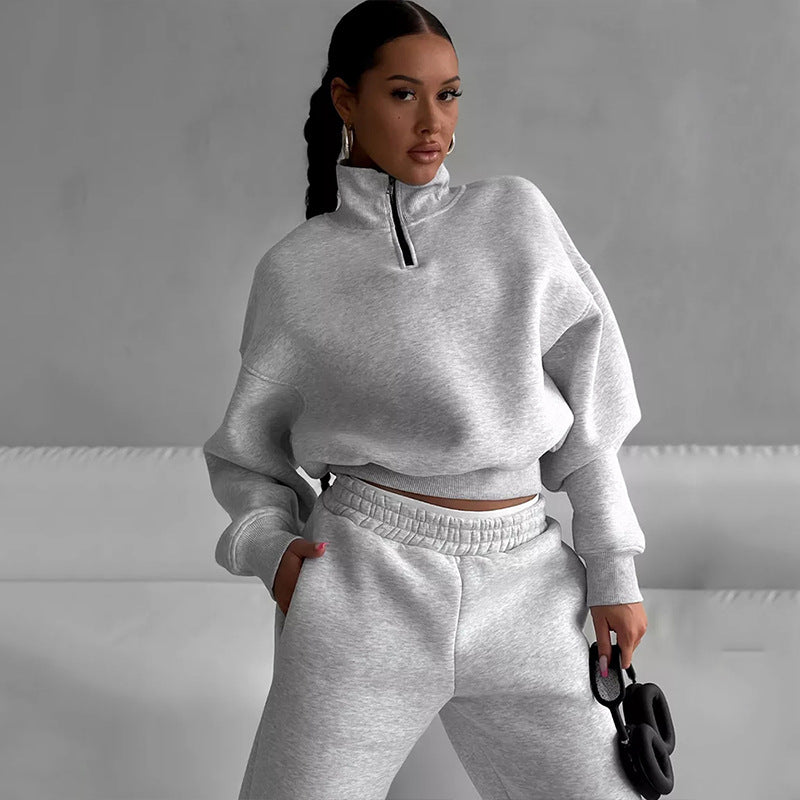 Damen Zweiteiliges Cropped-Halbzip-Sweatset mit Stehkragen und elastischer High-Waist-Jogginghose EB