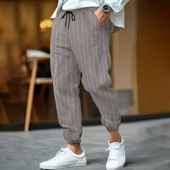 Herren nan gestreifte Leinenoptik Jogginghose mit Tunnelzug elastischem Saum und Eingrifftaschen EB