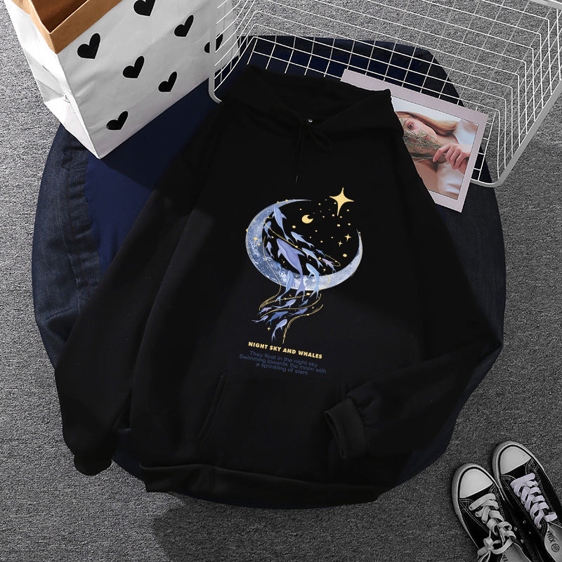 Damen nan Kapuzenpullover mit Mond‑und‑Wal-Illustration, Oversize-Schnitt und Kängurutasche EB