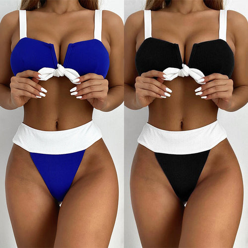 Damen Hochgeschnittener Bikini mit Knötchen-Detail EB