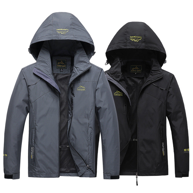 Herren atmungsaktive Softshell-Trekkingjacke mit verstaubarer Kapuze, Netzfutter und multifunktionalen Reißverschlusstaschen EB