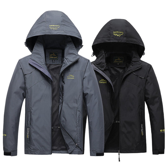 Herren atmungsaktive Softshell-Trekkingjacke mit verstaubarer Kapuze, Netzfutter und multifunktionalen Reißverschlusstaschen EB