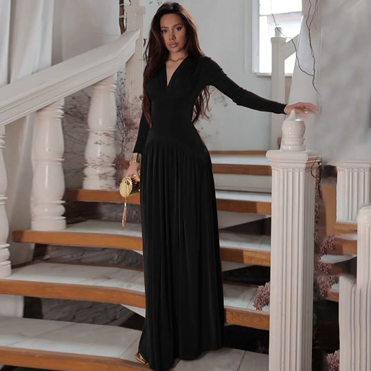Damen Elegantes Maxikleid mit tiefem V-Ausschnitt und fließendem Schnitt EB