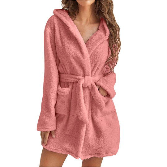 Damen Kuscheliger Fleece-Bademantel mit Kapuze und Gürtel EB