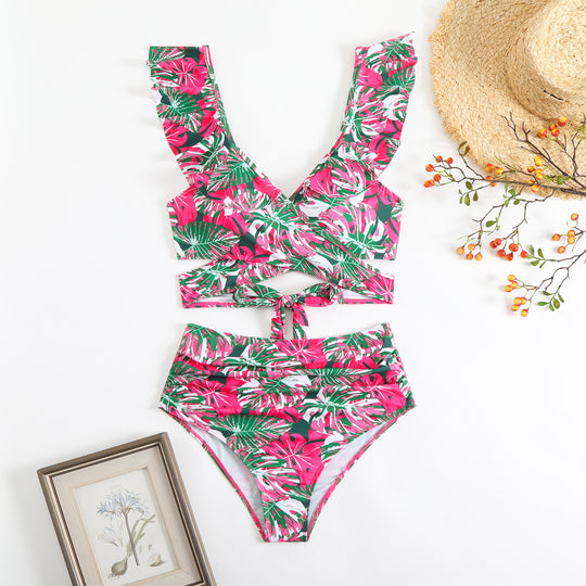 Damen Cropped Bikini-Set mit verspieltem Rüschendesign und elegantem Bindeträgersystem EB