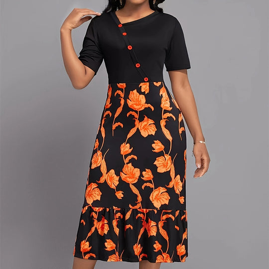 Damen Midi-Kleid mit floralem Design und Knopfleiste EB