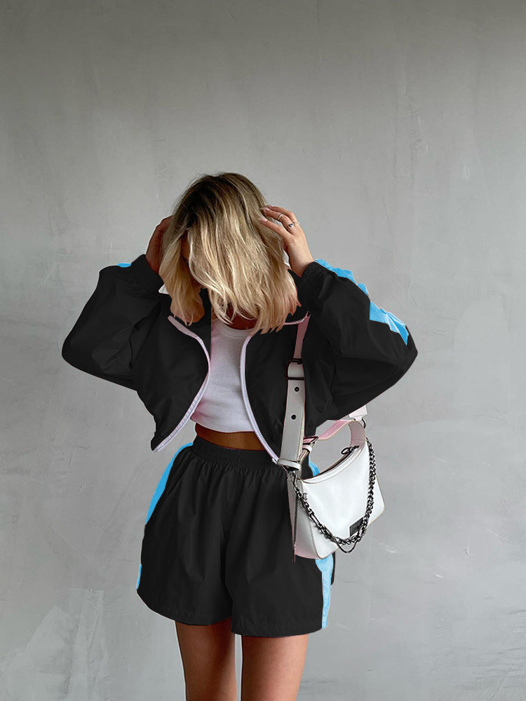 Damen nan kurzes Sport-Trackset mit Crop-Zip Jacke und elastischer Highwaist-Shorts EB