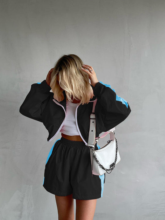 Damen nan kurzes Sport-Trackset mit Crop-Zip Jacke und elastischer Highwaist-Shorts EB