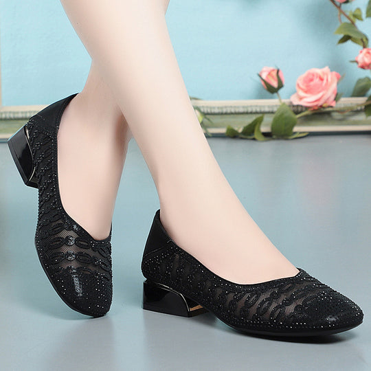 Damen Elegante Ballerinas mit funkelnden Strass-Details und komfortablem Blockabsatz EB