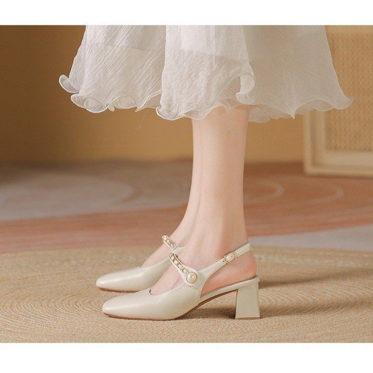 Damen Slingback-Pumps mit quadratischem Absatz und Perlenakzenten EB