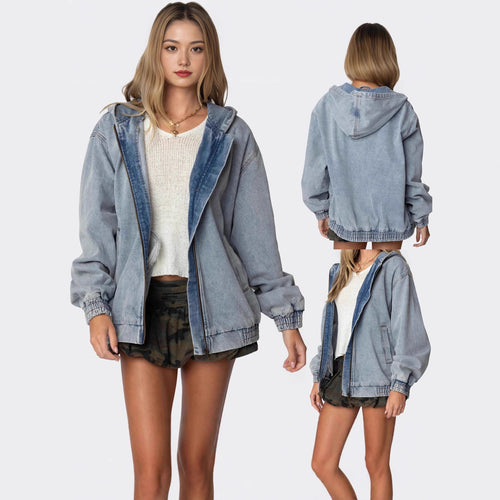 Damen Oversized Denimjacke mit Kapuze und elastischen Bündchen EB