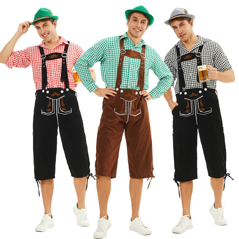 Herren nan traditionelle bayerische Trachtenlederhose knielang mit bestickten Hosenträgern EB