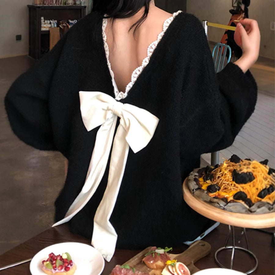 Damen Oversized Strickpullover mit V-Ausschnitt und zartem Spitzenrand EB