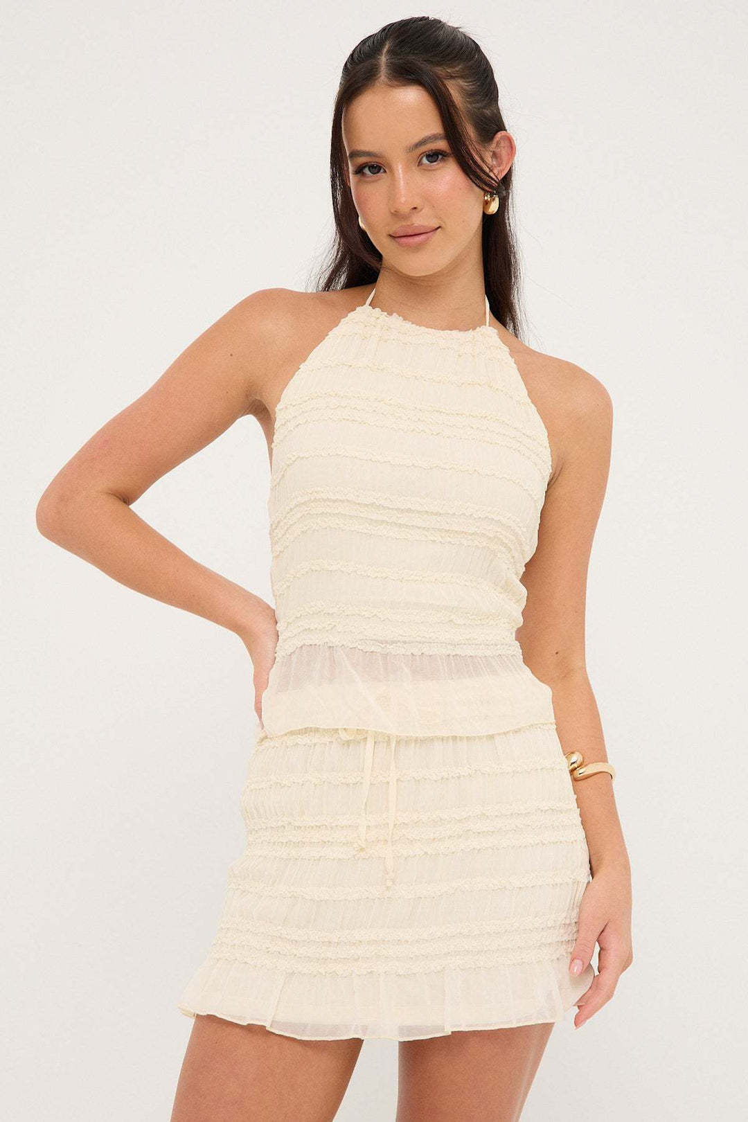 Damen Rüschendress mit Kordelzug und asymmetrischem Saum EB