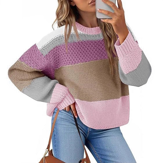 Damen Grobstrickpullover mit Farbblockdesign und oversized Schnitt EB
