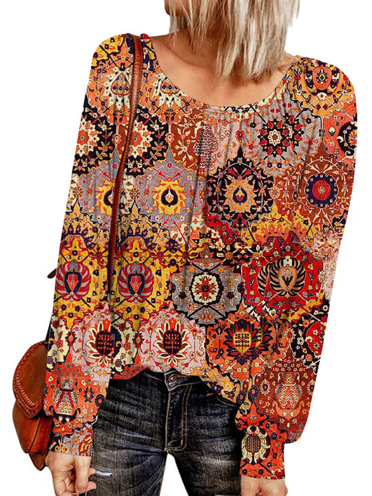 Damen Ethno-Print Oversize-Tunika mit Rundhalsausschnitt und langen Ballonärmeln EB