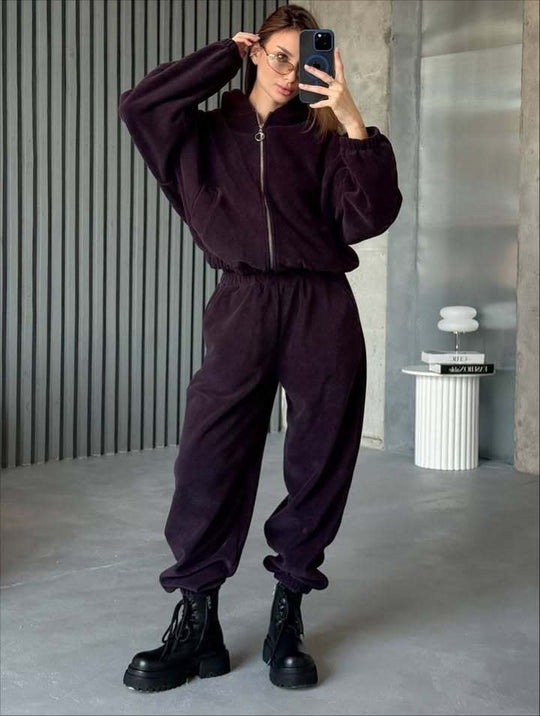 Damen Plüsch-Loungewear-Set mit Reißverschluss-Kapuzenjacke und taillenhoher Jogginghose EB