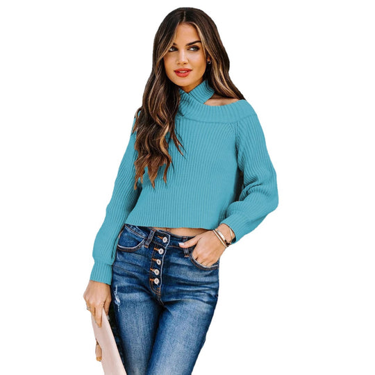 Damen modischer Crop-Pullover mit schulterfreiem Design und Rippstruktur EB