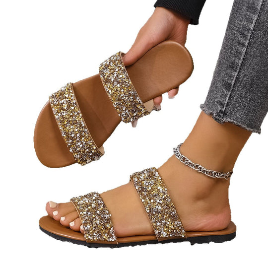 Damen Glitzernde Slides mit breiten Riemen EB