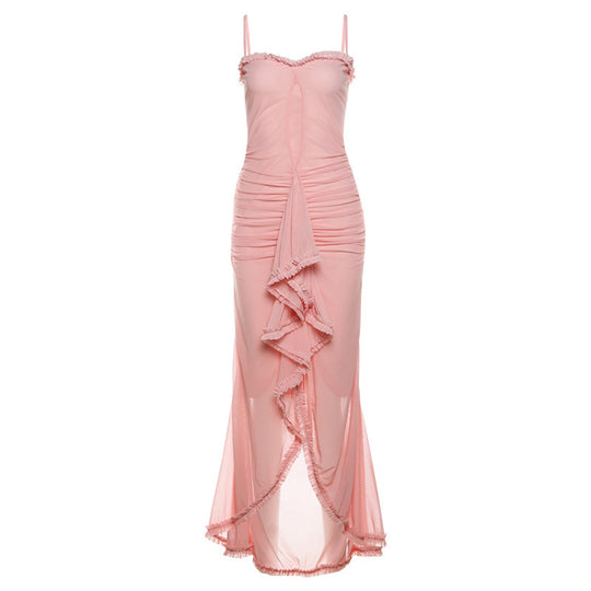 Damen Elegantes Maxikleid mit Rüschendetails und leicht transparentem Stoff EB