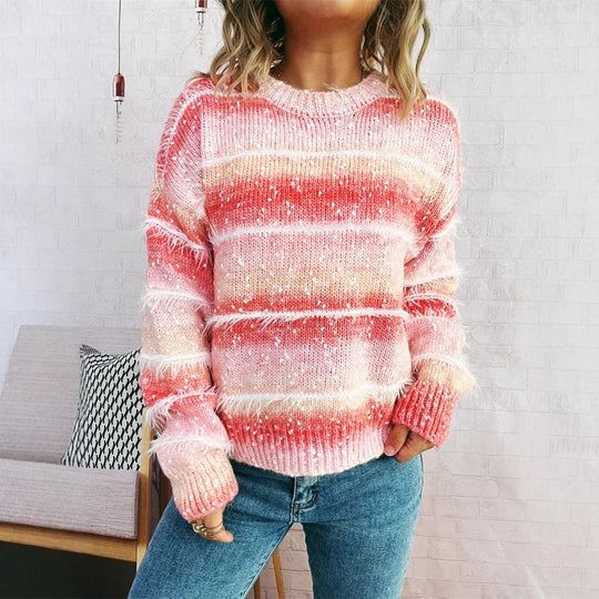 Damen kuscheliger Strickpullover mit fransigen Akzenten und attraktivem Farbverlauf EB