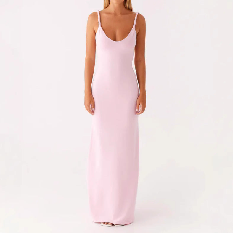 Damen Langarm-Maxikleid aus hochwertigem, elastischem Material mit tiefem V-Ausschnitt und eleganten Spaghetti-Trägern EB
