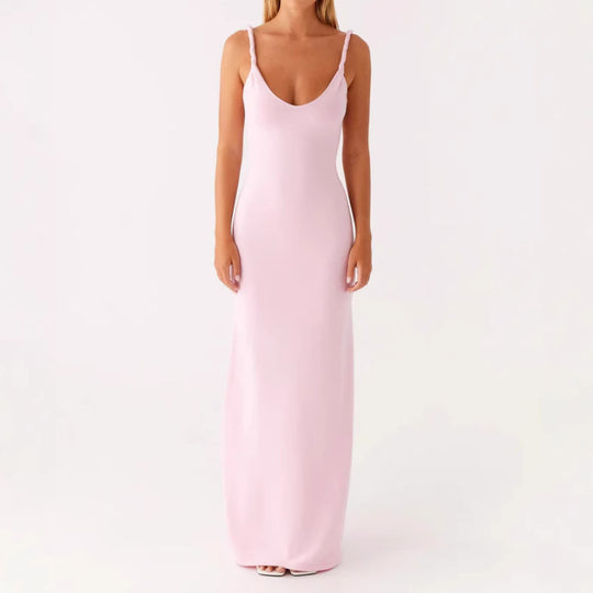 Damen Langarm-Maxikleid aus hochwertigem, elastischem Material mit tiefem V-Ausschnitt und eleganten Spaghetti-Trägern EB