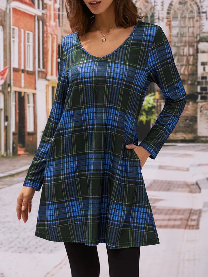 Damen Karo Freizeitkleid mit praktischen Seitentaschen EB
