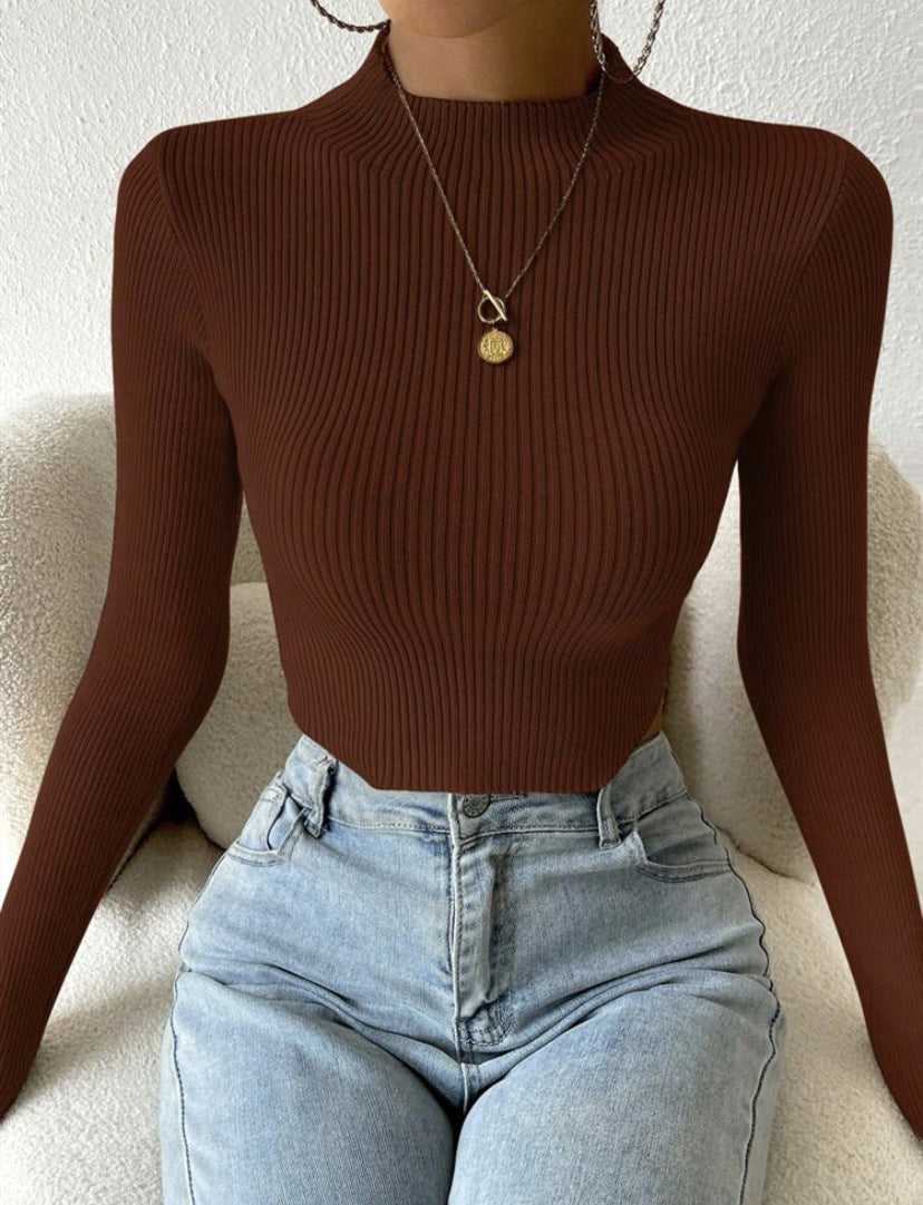 Damen Gerippter Cropped Feinstrickpullover mit Stehkragen EB