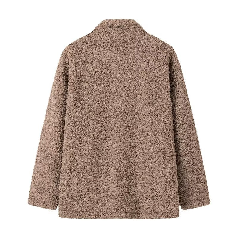 Damen kuschelige Fleecejacke mit Knopfverschluss und hohen Kragen EB