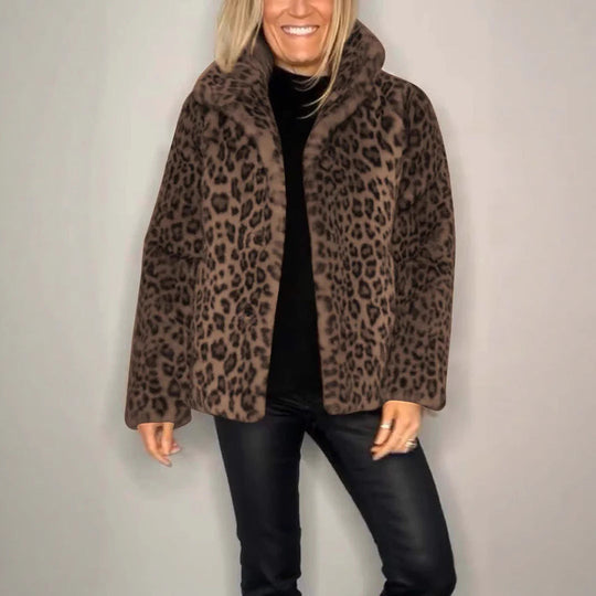 EB | Mantel Faux Fur Übergröße Passform Tierdruck Offene Vorderseite Reverskragen