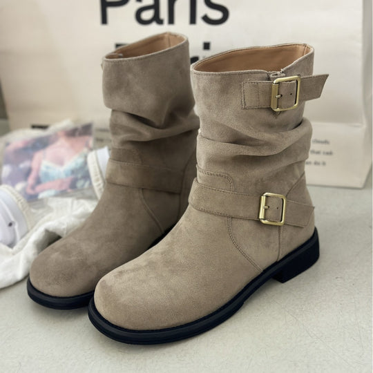 Damen modische Stiefel mit elegantem Riemen und rohem Look EB