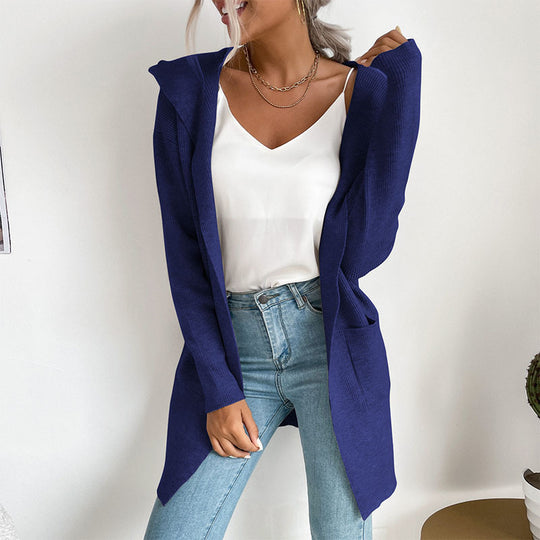 Damen Langärmlige Strickjacke mit Kapuze und seitlichen Taschen EB
