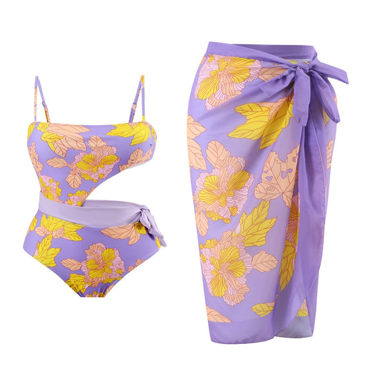 Damen Einteiler Badeanzug mit floralem Design und Wickelrock EB