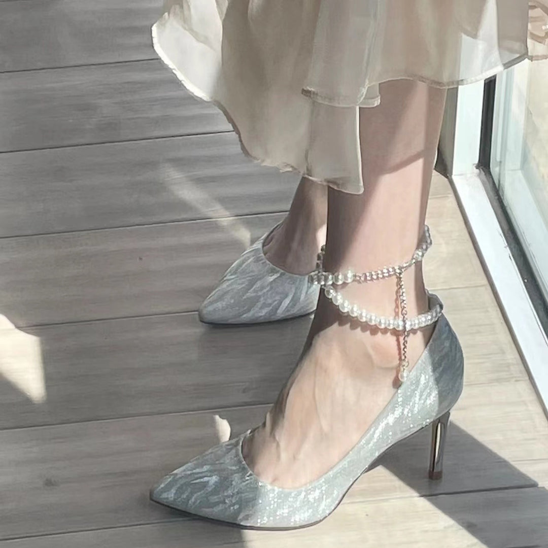Damen glamouröse High Heels mit funkelndem Perlenschmuck EB