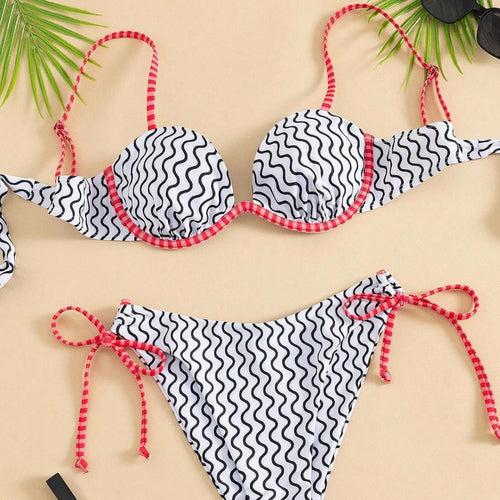 Damen Bikini mit elegantem Wellenmuster und dekorativen Bindungen EB