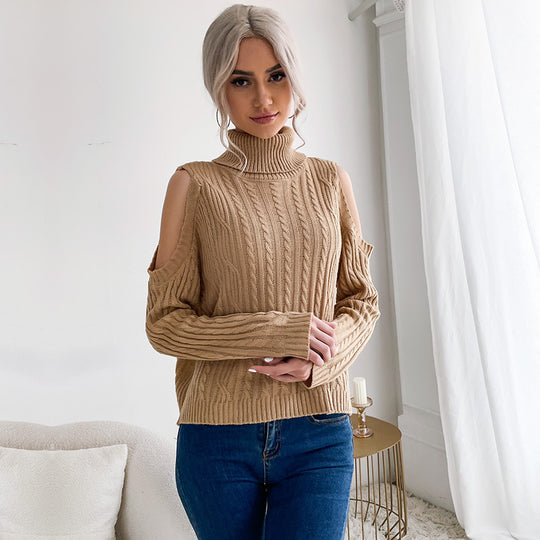 Damen Rollkragenpullover mit Zopfmuster und Schulter-Cutouts EB
