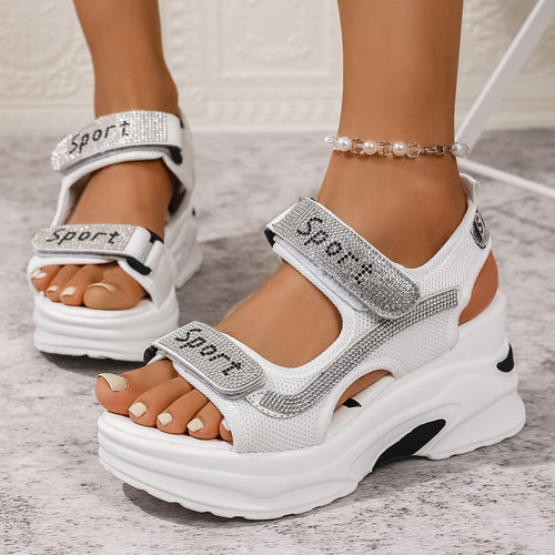 Damen Sportliche Wedge-Sandalen mit atmungsaktiver Oberflächenstruktur und klettbarem Verschluss EB