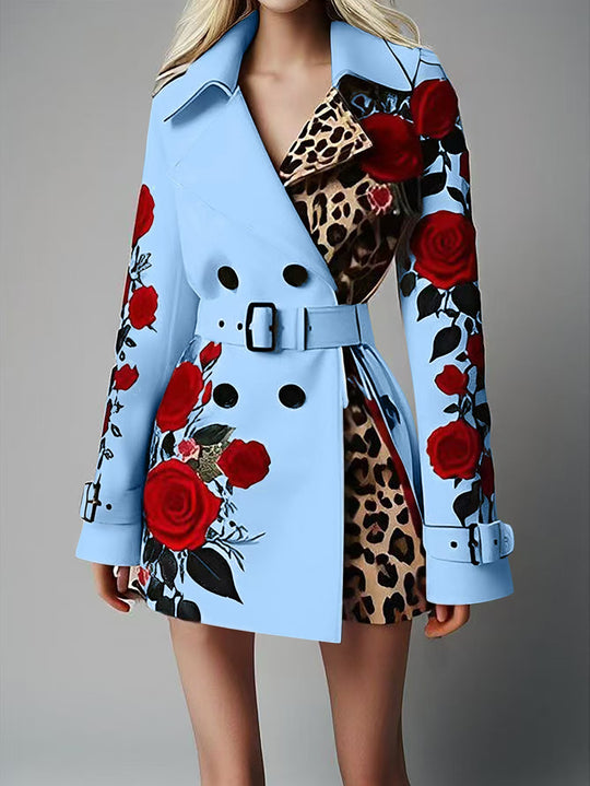 Damen Taillierter Trenchcoat mit Rosenprint und Leoparden-Innenfutter EB