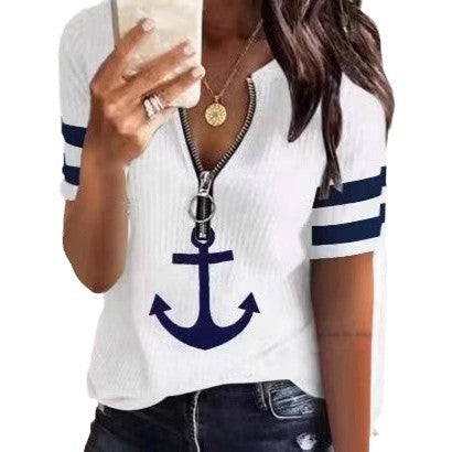 Damen Sportliches T-Shirt mit Reißverschluss und maritimen Motiven EB