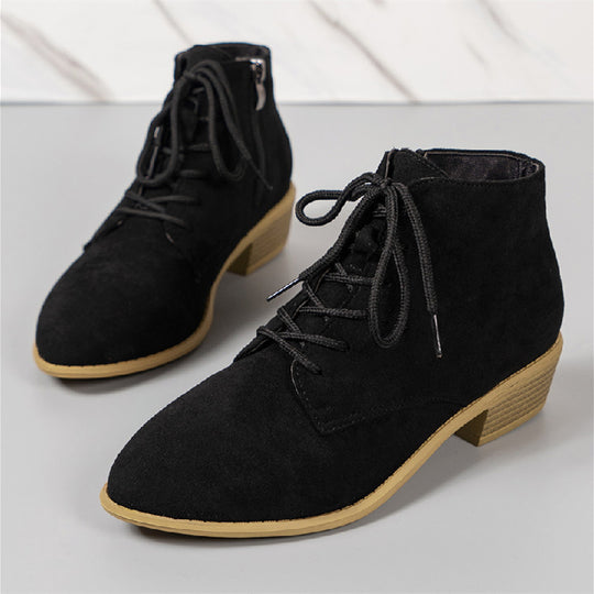 Damen nan knöchelhohe Schnürstiefelette aus Veloursoptik mit seitlichem Reißverschluss und niedrigem Blockabsatz EB