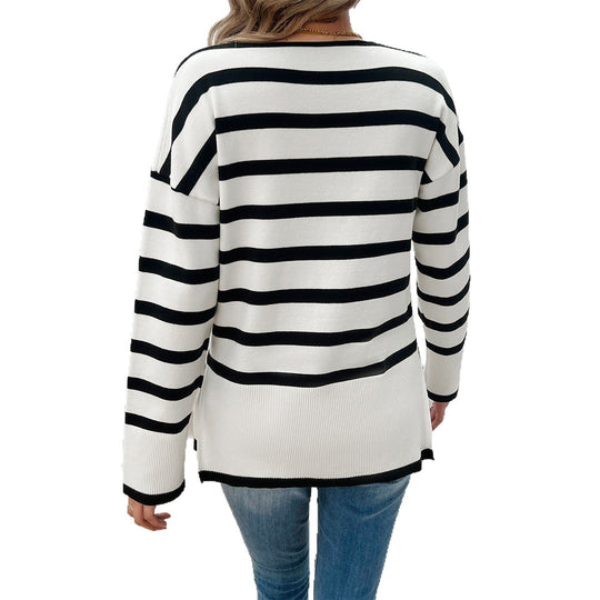 Damen nan gestreifter V‑Neck Feinstrickpullover mit verlängertem Tunika‑Schnitt und geripptem Saum EB